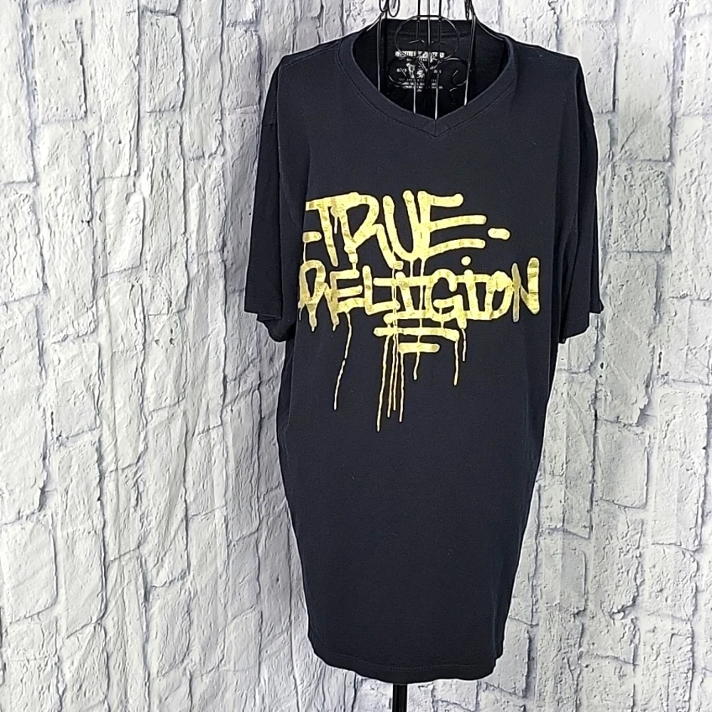 TRUE RELIGION Black and Gold Foil Graffiti Print T Shirt Large